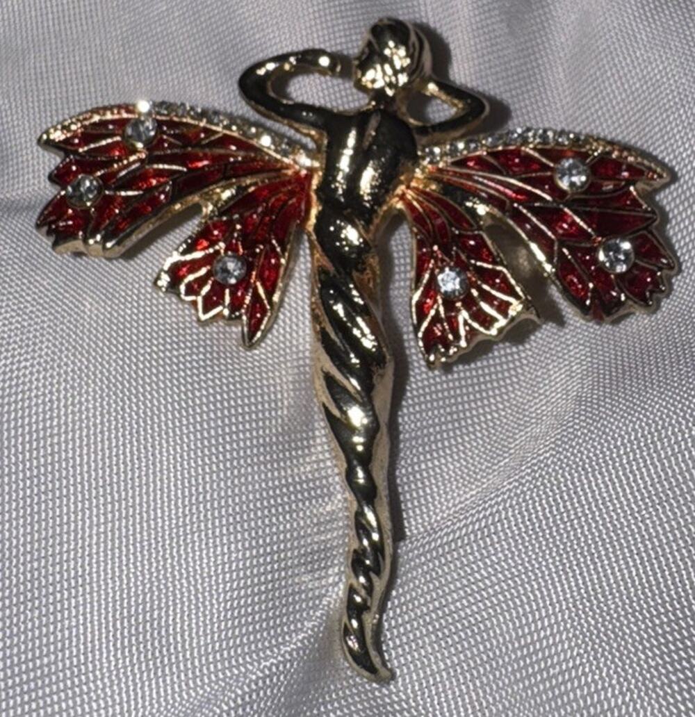 Fairy Brooch Red Enamel Wings Clear Rhinestone Gold Tone Angel Jewelry Pin